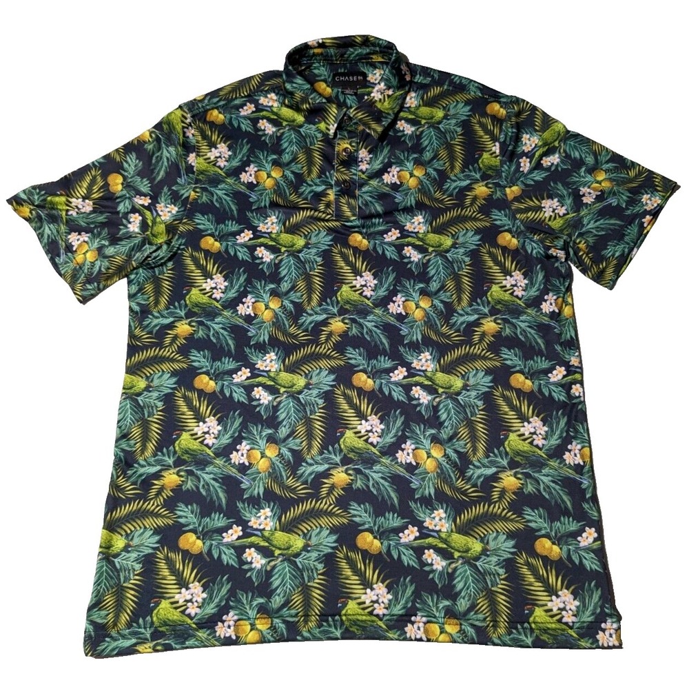 CHASE 54 Men Large Cotton Stretch Green Floral Tropical Lemon Golf Polo